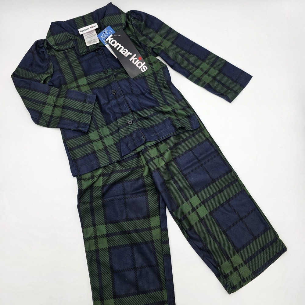 NWT Komar Kids Navy Green Plaid Pajamas PJ Set 2PC 3T Baby Girl FLame Resistant